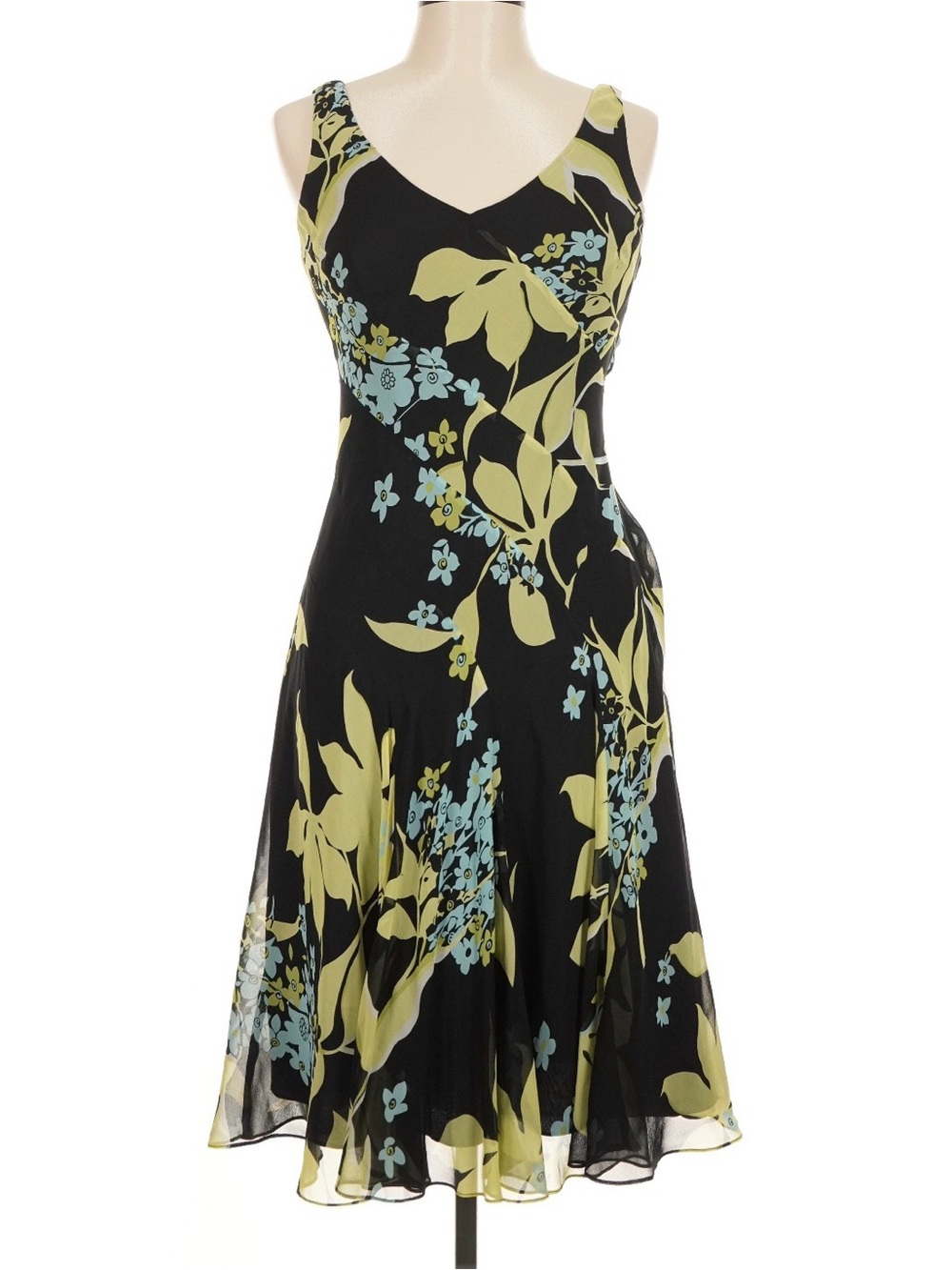 Jones New York Silk Green and Black Floral Dress